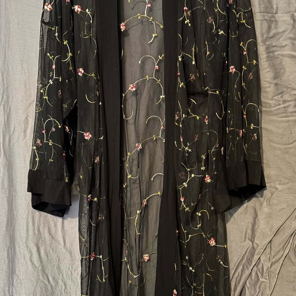 BEBE Black Sheer Robe with Floral Embroidery